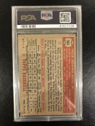 1952 Topps Willie Mays 261 Giants HOF CENTERED PSA 3 VG 2
