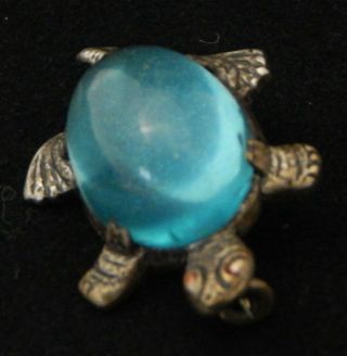 Vintage Coro Blue Turquoise Jelly Belly Turtle Tiny Lace Pin Brooch Silver Red 2