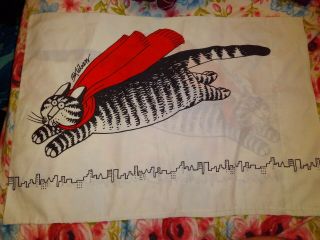 Vintage B Kliban Pillowcase Flying Cat Red Cape & Skyline