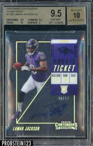 2018 Contenders Clear Rookie Ticket Lamar Jackson Rc Auto 8/10 Jersey Bgs 9.  5