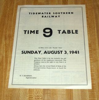 Tidewater Southern Railway Employee Timetable No.  9 August 3,  1941