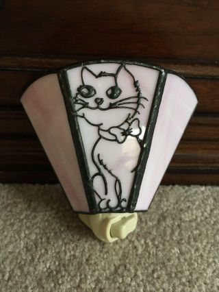 Vintage Stained Glass Night Light Pink Cat Art Deco Electric Outlet Plug