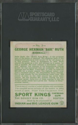 1933 Goudey Sport Kings 2 Babe Ruth Yankees HOF SGC 84 7 