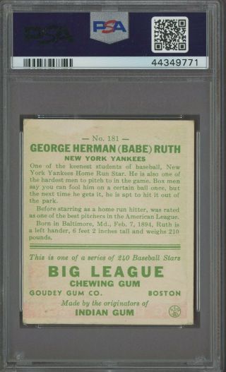 1933 Goudey 181 Babe Ruth York Yankees HOF PSA 2 