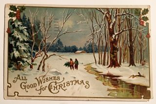 Vintage Christmas Postcard H Wessler Snow Christmas Tree Holly 1910