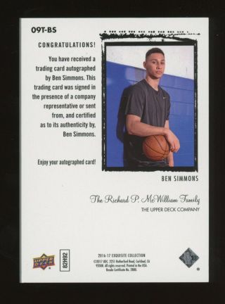 2016 - 17 UD Exquisite Ben Simmons 76ers RC Rookie On Card AUTO 16/99 2