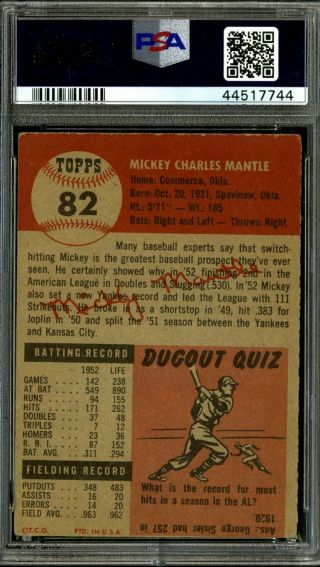 1953 Topps 82 MICKEY MANTLE Yankees Signed Card PSA DNA AUTHENTIC ENCAPSULATED 2