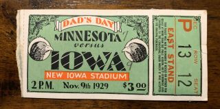 1929 Iowa Hawkeye Vs Minnesota Football Ticket Stub 1st Season Kinnick Stadium