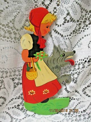 Vintage Hand Made 10 " High Wood Little Red Ridinghood Wolf Wall Plaque - Germany
