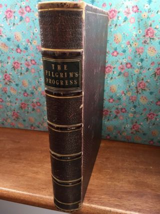 Antique Leather Book,  The Pilgrims Progress,  John Bunyan 1859 Illustrated Virtue