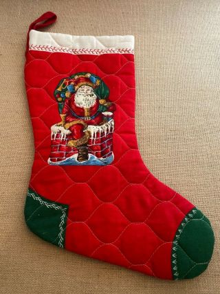 Vintage Quilted Christmas Stocking Santa Standing In Chimney 14 " Long