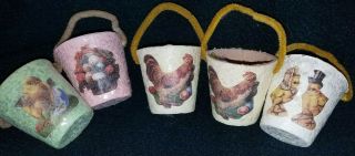 Vintage Set Of 5 Paper Mache Easter Small Baskets W/handles