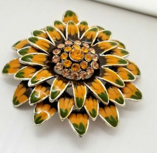Vintage Yellow And Green Enameled Rhinestone Layered Sunflower Brooch Pin