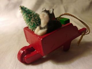 Vintage Red Wheelbarrow Christmas Holiday Ornament Wood Cat Bottle Brush Tree