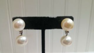 Vintage Silvertone Metal Faux Pearl Glass Bead Dangle Screw Clip - On Earrings