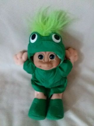 Vtg Russ Berrie Troll Kidz Frog Lucky Troll Doll 12 " Green Hair & Raincoat