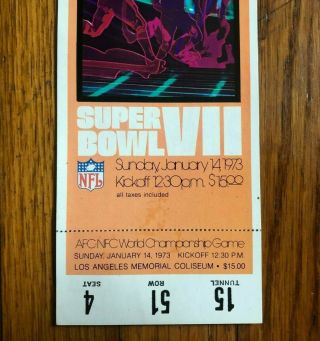Bowl VII 7 FULL TICKET Dolphins Redskins 1972 1973 Perfect Season 17 - 0 NFL 3