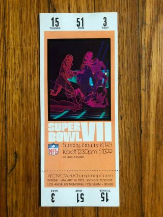 Bowl Vii Full Ticket Stub Undefeated Dolphins Redskins 1972 1973 Nfl Miami
