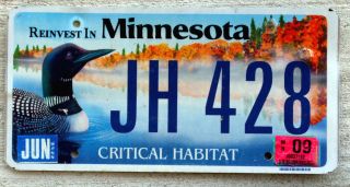 Minnesota " Critical Habitat " License Plate With The Common Loon - 2009 Sticker