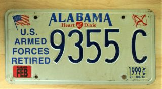 1999 Alabama U.  S.  Armed Forces Retired License Plate Auto Car Vehicle Tag 1071