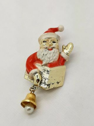 Vintage Enamel Metal Santa In Chimney Ringing Bell Brooch Mid Century Usa