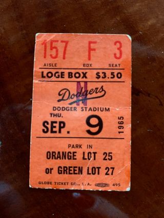 Sandy Koufax Perfect Game Ticket Sept.  9,  1965