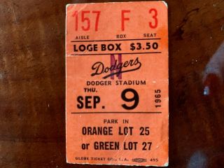 Sandy Koufax Perfect Game Ticket Sept.  9,  1965 3