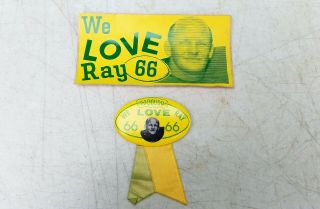 1960s Lombardi Era Green Bay Packers We Love Ray 66 Button Pin & Bumper Sticker