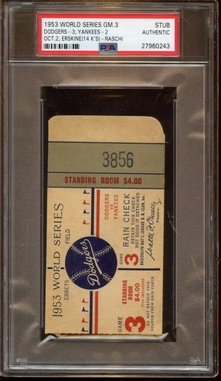 1953 World Series Ticket Stub York Yankees At Brooklyn Game 3 Psa Authentic