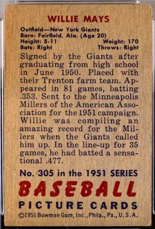 1951 Bowman Baseball 305 Willie Mays Rookie PSA 5 (EX) 2