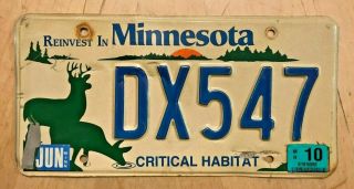 2010 Minnesota Critical Habitat Deer Hunt Buck Doe License Plate " Dx 547 " Mn