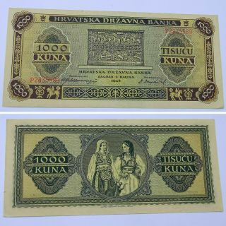 1943 Wwii Croatia Ndh 1000 Kuna Vintage Banknote Paper Money Unc