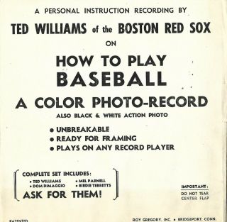 TED WILLIAMS HOW TO PLAY BASEBALL COLOR PHOTO RECORD w/ SLEEVE - c1949 - 2