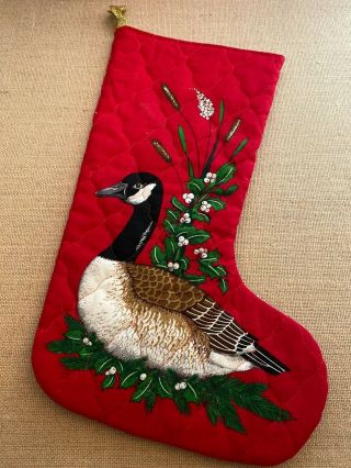 Vintage Quilted Christmas Stocking Goose Cattails & Holly 14 " Long Handmade