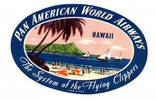 Vintage Airline Luggage Label Pan Am Flying Clippers Hawaii Sailboats Color Oval
