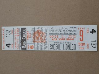 Mickey Mantle Hr Ticket York Yankees Detroit Tigers 1965 Full 8/6/1965