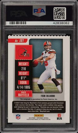 2018 Panini Contenders Ticket Stub Baker Mayfield RC AUTO /6 101 PSA 10 (PWCC) 2
