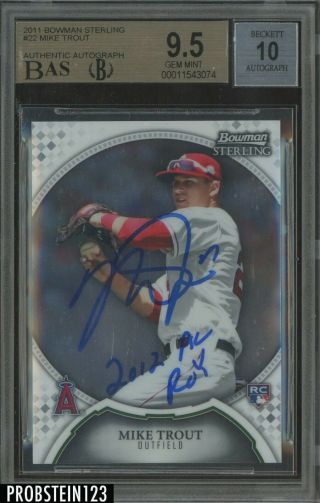 2011 Bowman Sterling 22 Mike Trout Angels Rc Signed 2012 Roy Auto Bgs 9.  5 Bas