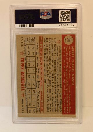 1952 Topps Mickey Mantle 311 PSA 5 Graded Baseball Card 2