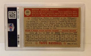 1952 Topps Mickey Mantle 311 PSA 5 Graded Baseball Card 3