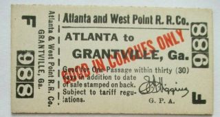 1950s? Atlanta & West Point Railroad Grantville Georgia Ga Rr Ticket Vintage