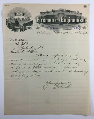 Brotherhood Of Locomotive Firemen Enginemen Antique Letterhead Alliance Ne 1909