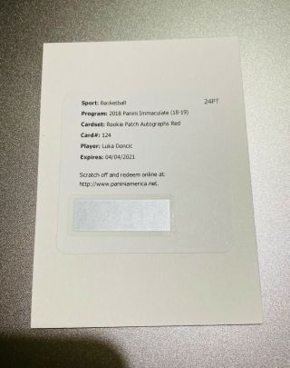 Luka Doncic 2018 - 19 Panini Immaculate Rookie Patch Autograph Red Rc Rpa /25