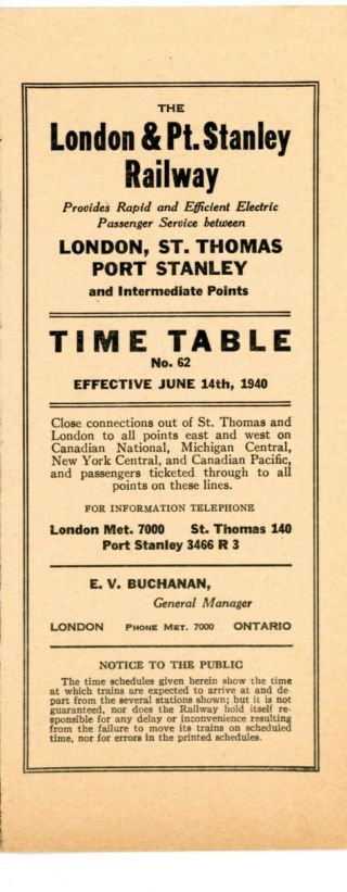 London & Port Stanley Ry,  Wwii Interurban Passenger Time Table,  June 14,  1940