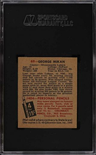 1948 Bowman Basketball George Mikan ROOKIE RC 69 SGC 8 NM - MT (PWCC) 2