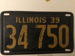 Illinois 1939 Old License Plate Vintage Pre War Metal Car Tag Rustic Decor