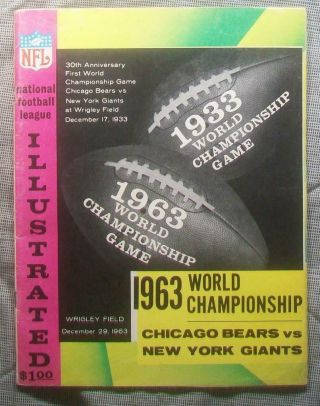 1963 Nfl Championship Pre Bowl Program Superbowl Bears 14 - 10 Bitter Cold