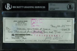 Jerry Garcia Authentic Signed 3x8.  25 Check Dated May 22,  1985 Bas Slabbed