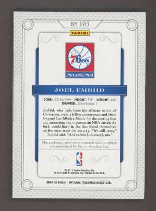 2014 - 15 National Treasures Joel Embiid 76ers RPA RC Patch AUTO 32/99 2