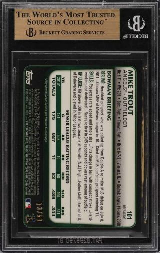 2011 Bowman Chrome Gold Refractor Mike Trout ROOKIE RC /50 101 BGS 9.  5 (PWCC) 2